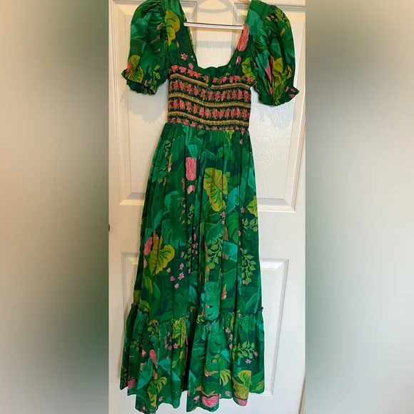 Farm Rio for Anthropologie Green Tropical Smocked Puff Sleeve Maxi Dress XXS - Picture 5 of 11